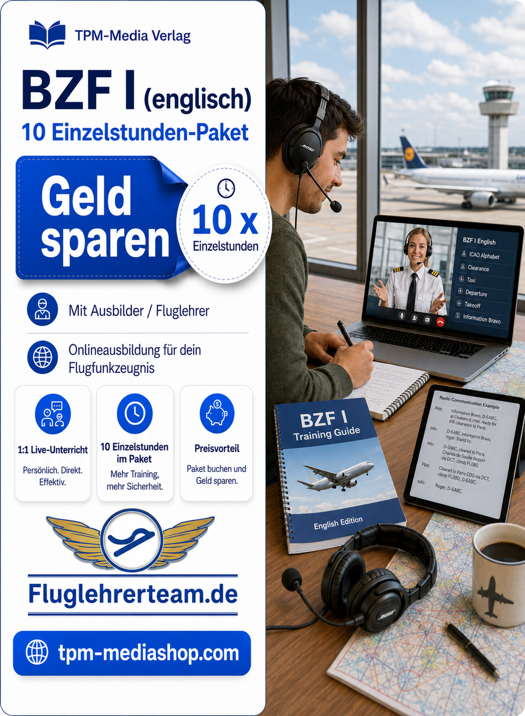 Einzelstundepaket (10 Std.) für BZF I (englisch) -  Online-Coaching - für www.fluglehrerteam.de