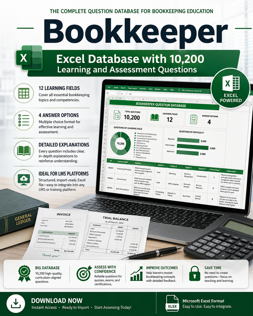 Bookkeeper – Excel Database with 10,200 Learning and Assessment Questions