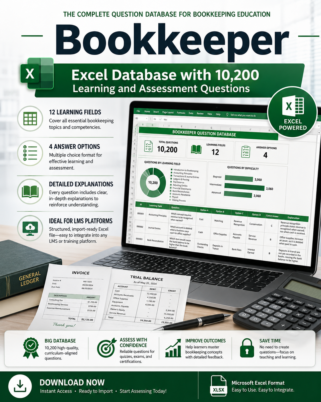 Bookkeeper – Excel Database with 10,200 Learning and Assessment Questions