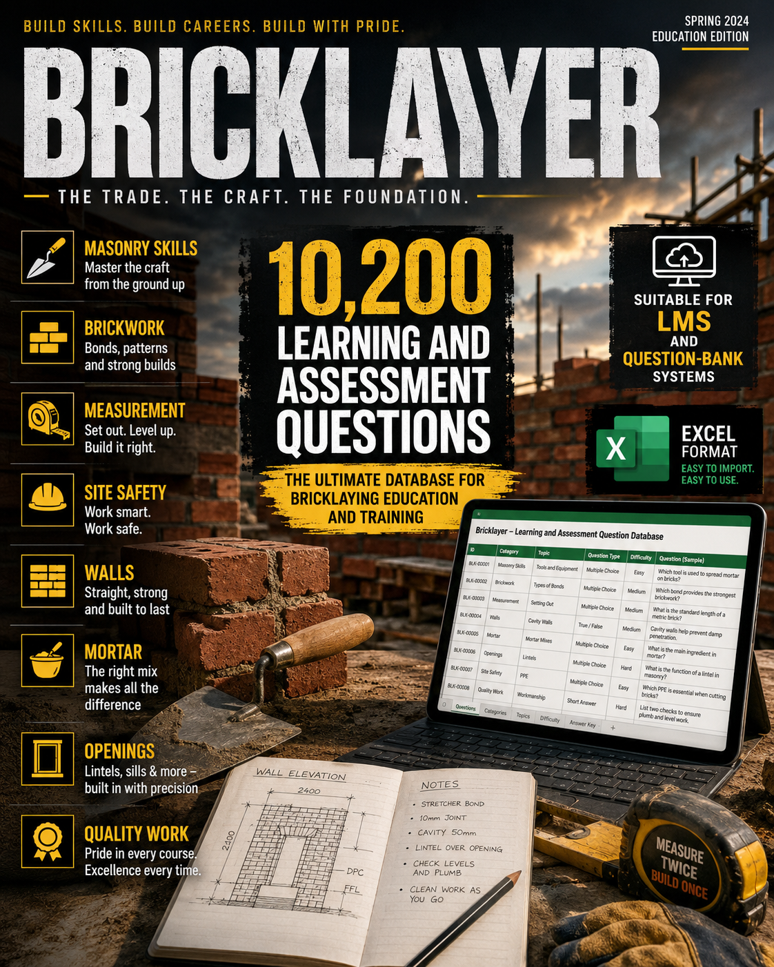 Bricklayer – Excel Database with 10,200 Learning and Assessment Questions