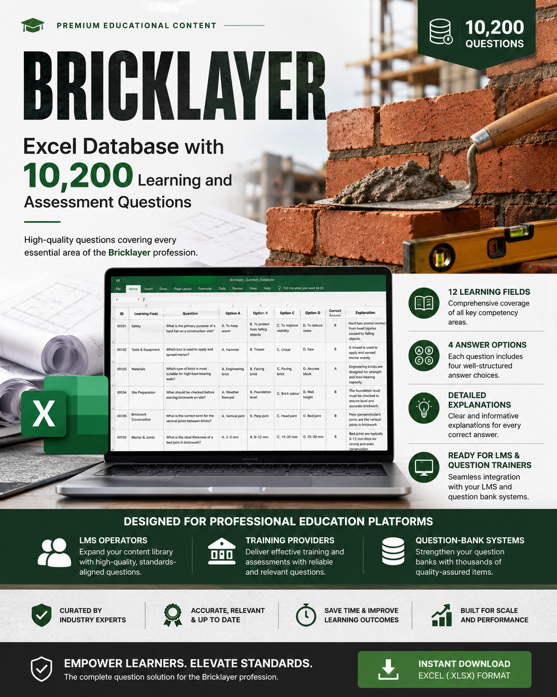 Bricklayer – Excel Database with 10,200 Learning and Assessment Questions