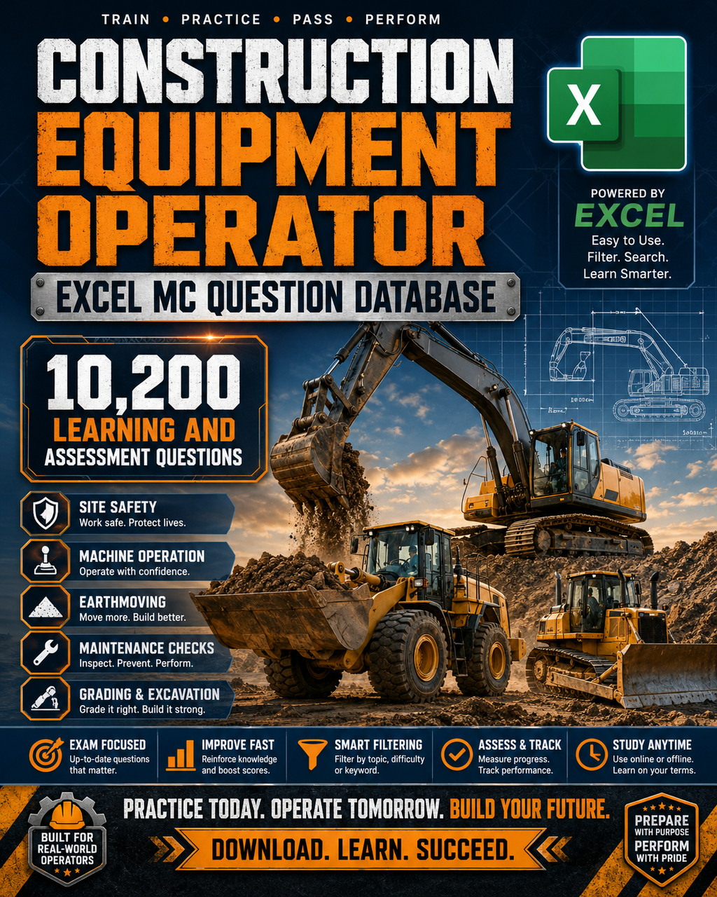 Construction Equipment Operator – Excel Database with 10.200 Learning and Assessment Questions