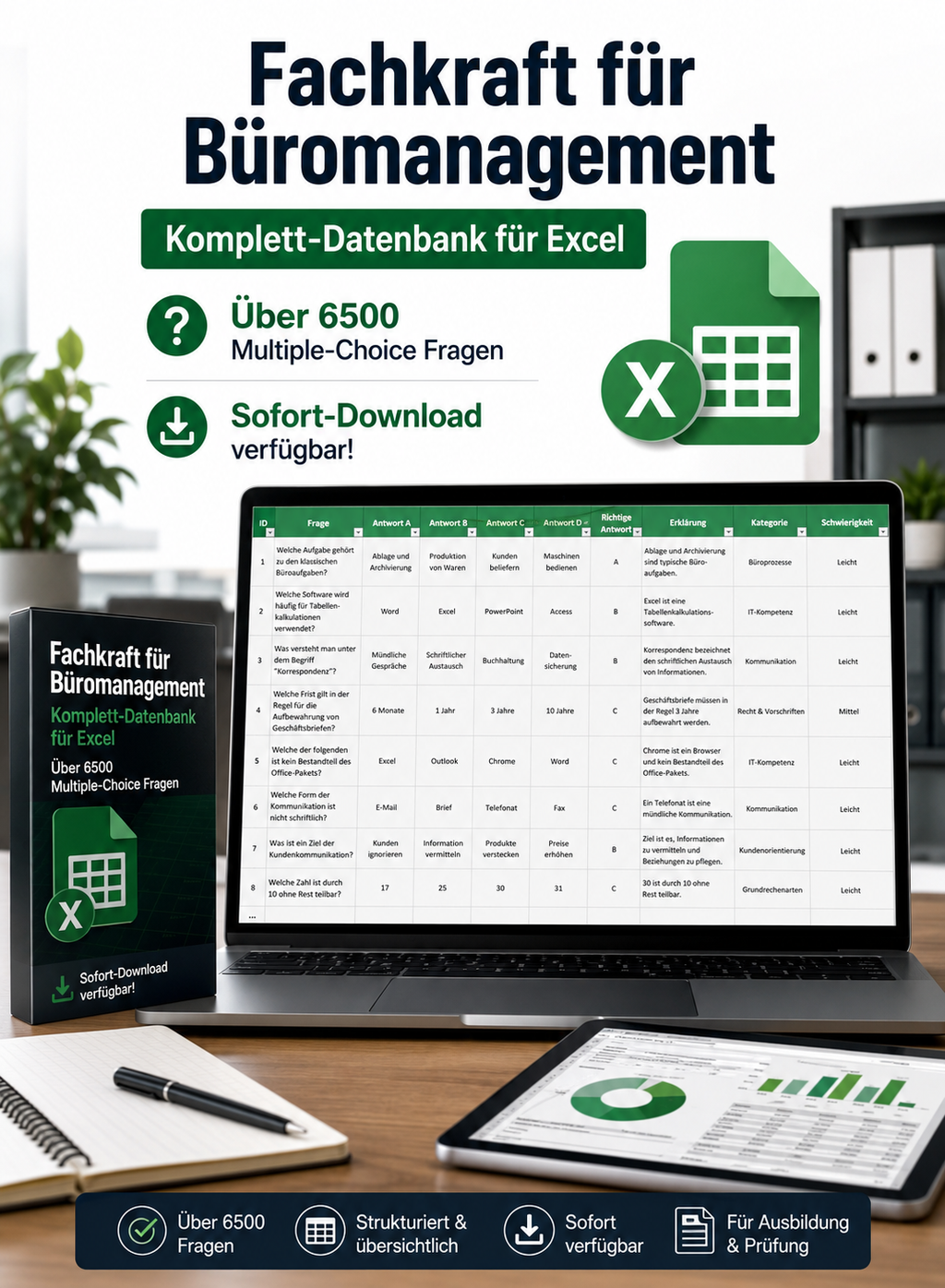 Kaufmann für Büromanagement - Komplett-Datenbank gewerbliche Excel-Fragenkatalog Datenbank (Sofort-Download)