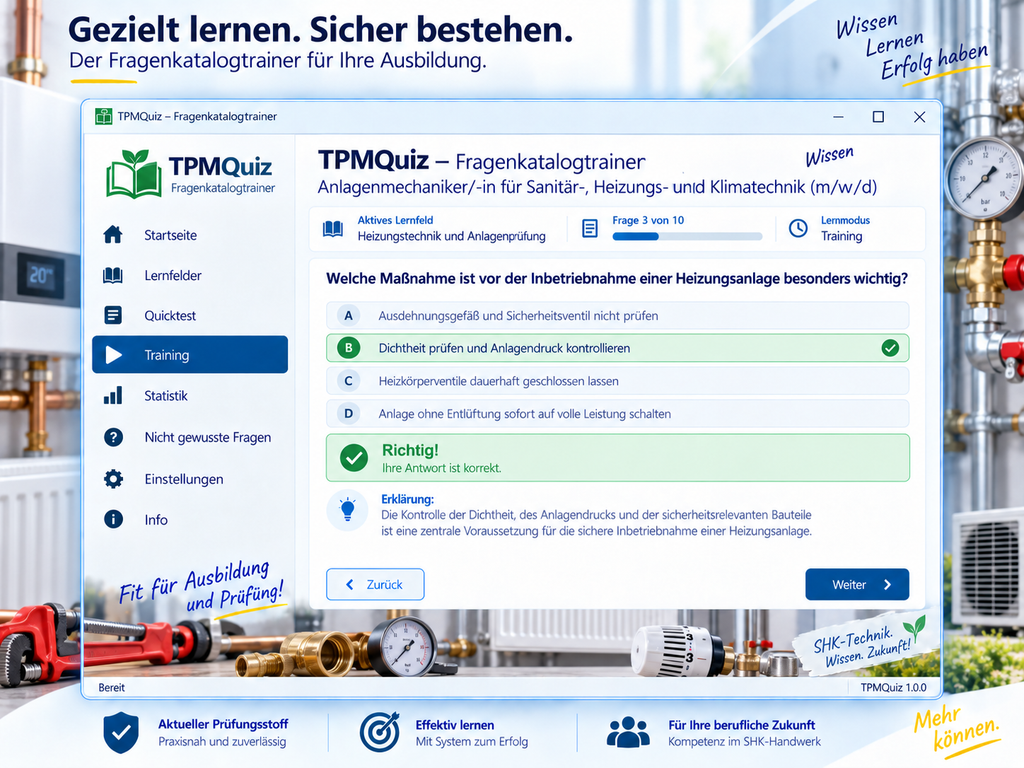 Anlagenmechaniker/-in für Sanitär-, Heizungs- und Klimatechnik (m/w/d) Fragenkatalogtrainer Download für Windows