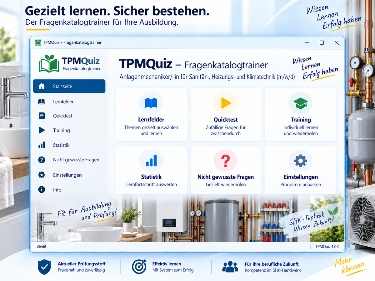 Anlagenmechaniker/-in für Sanitär-, Heizungs- und Klimatechnik (m/w/d) Fragenkatalogtrainer Download für Windows