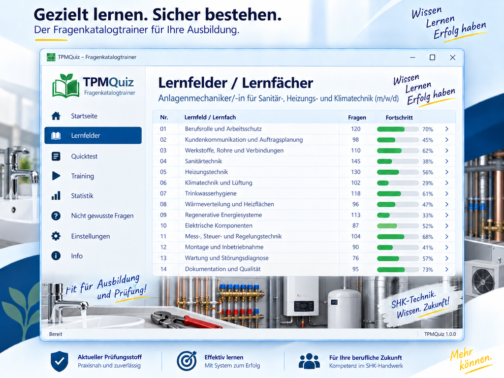 Anlagenmechaniker/-in für Sanitär-, Heizungs- und Klimatechnik (m/w/d) Fragenkatalogtrainer Download für Windows