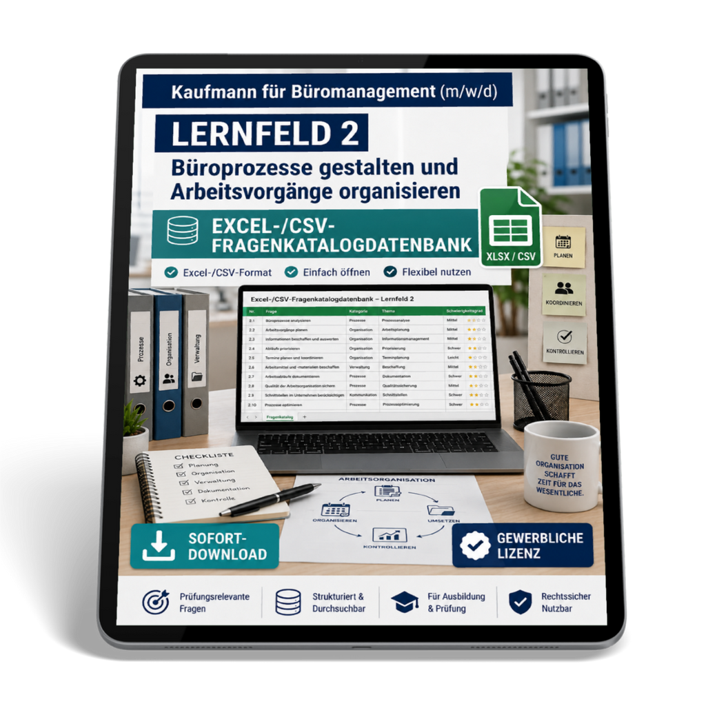 Kaufmann für Büromanagement - Lernfeld 2 gewerbliche Excel-Fragenkatalog Datenbank (Sofort-Download)