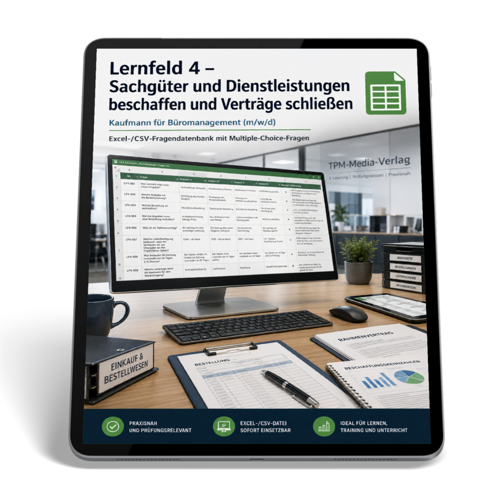 Kaufmann für Büromanagement - Lernfeld 4 gewerbliche Excel-Fragenkatalog Datenbank (Sofort-Download)