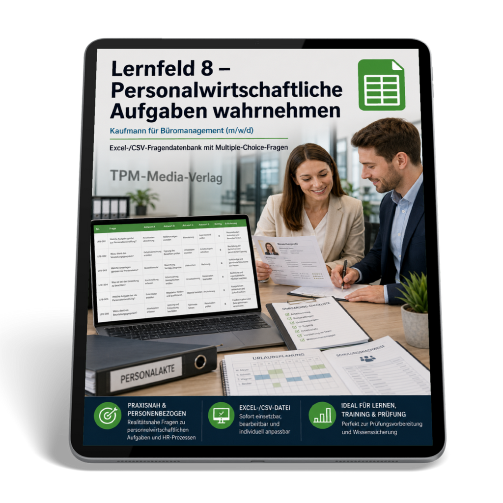 Kaufmann für Büromanagement - Lernfeld 8 gewerbliche Excel-Fragenkatalog Datenbank (Sofort-Download)